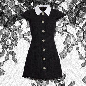 LIKELY Women Riello Dress Black Tweed Mini w White Collar & Pearl Buttons Sz 2